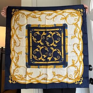 Roger Laurent Paris 100% Silk Scarf Blue and Gold Buckle Design
